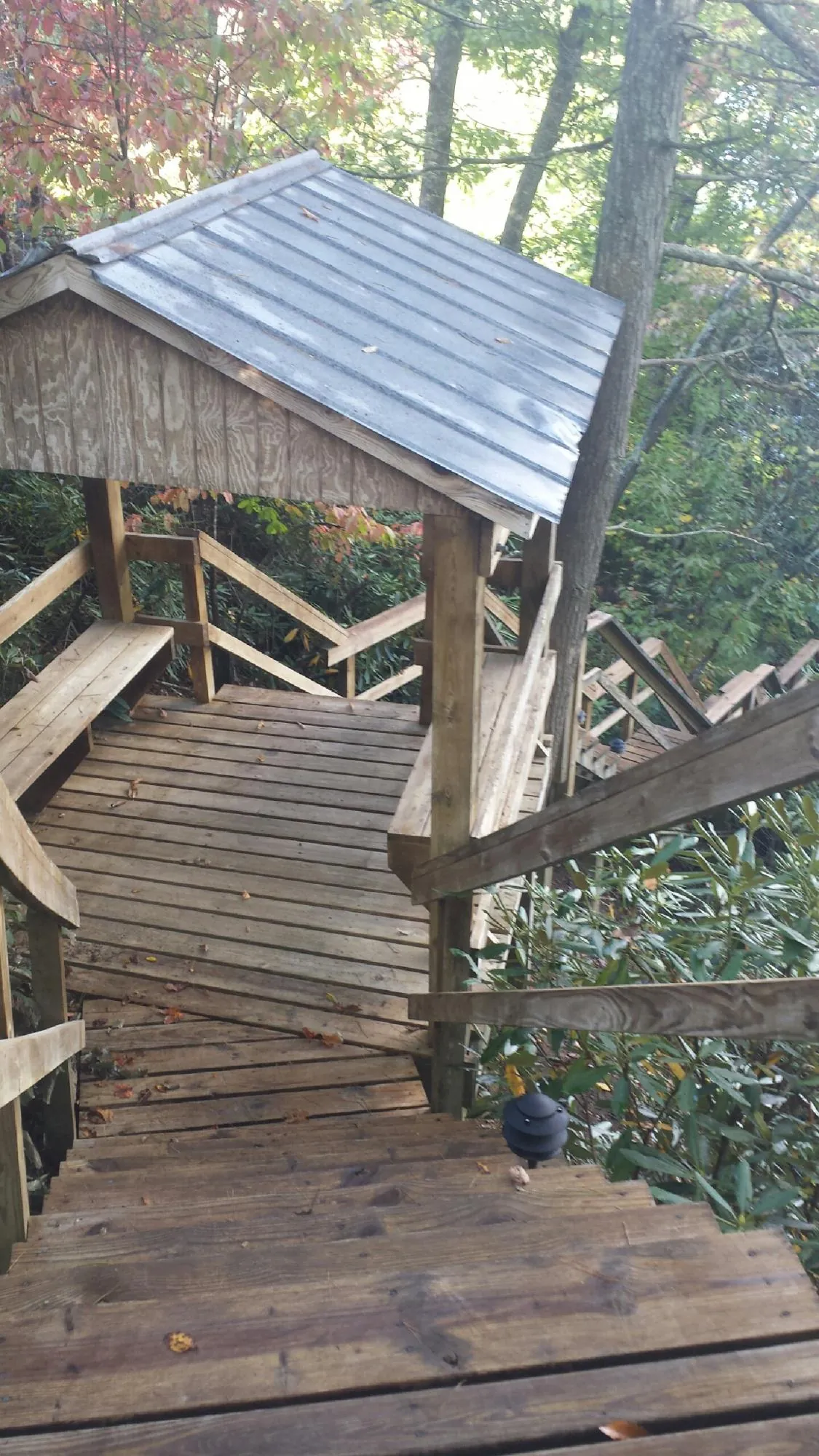 Metal roofed shelter over wooden steps on a wooded walkway — Skylight Repair & Installation work by our crew in Seven Mile